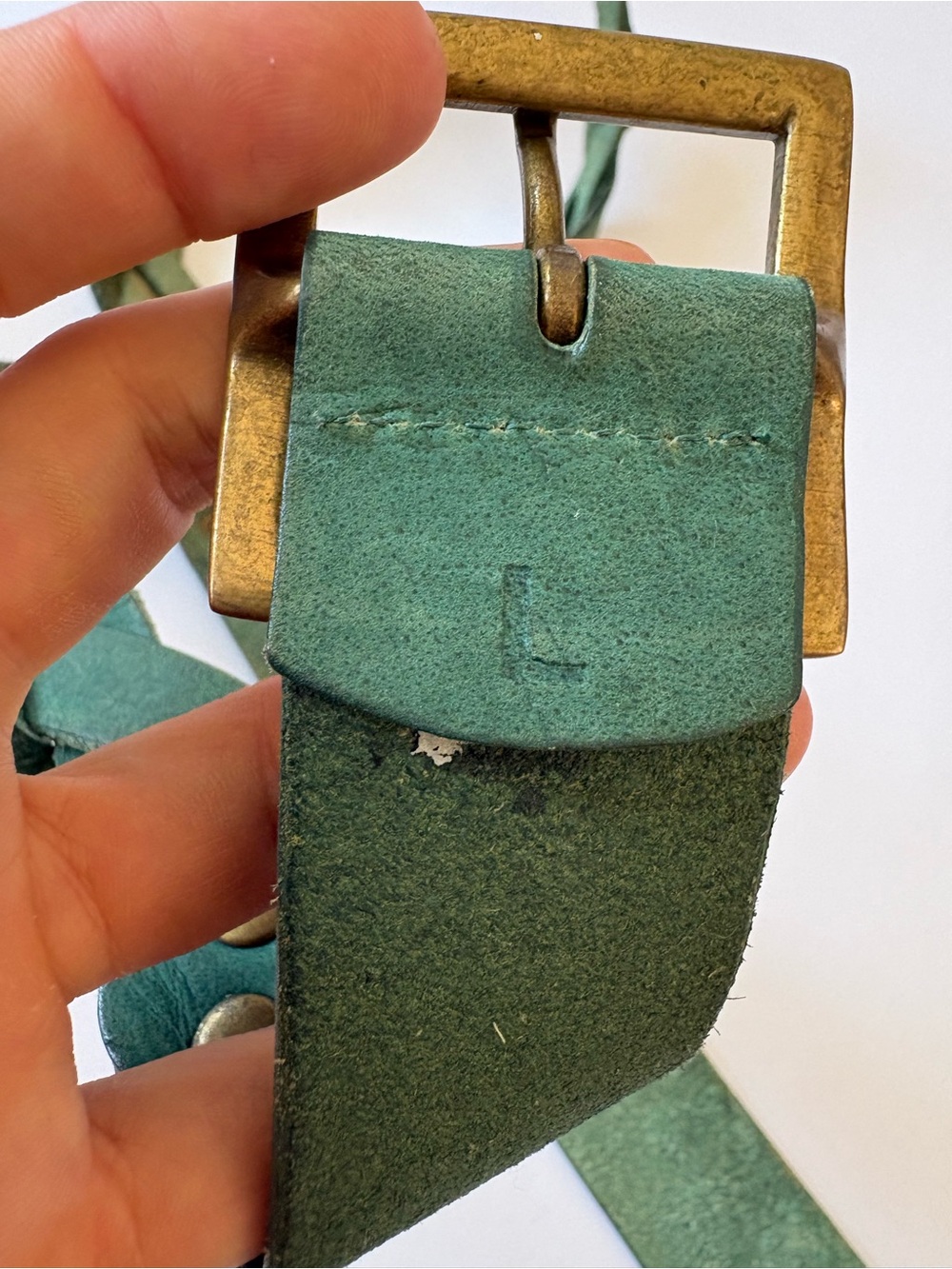 VNTG Old Navy Leather Green Braided Pleated Belt L Rivet Square Buckle Western - Picture 4 of 8